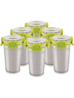 MAGNUS - (Pack of 6) Steel Glass with Leakproof Lid for Home/Picnic, Dishwasher Safe