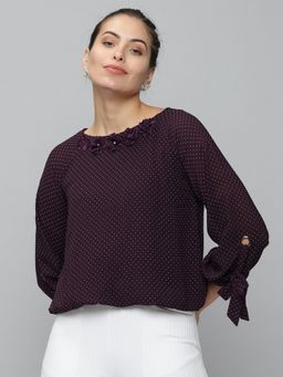 SHOWOFF - Womens Round Neck Violet Cinched Waist Regular Top