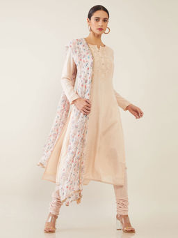 Soch - Beige Machine Embroidery Chanderi Unstitched Dress Material ( Set of 3 )