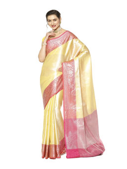 Banarasi Silk Works - Yellow Zari Kanchi Silk Tanchoi Meena Saree with Unstitched Blouse