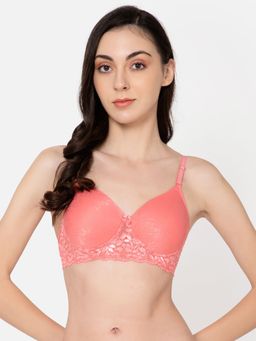 Clovia - Lace Solid Padded Full Cup Wire Free T-shirt Bra - Peach