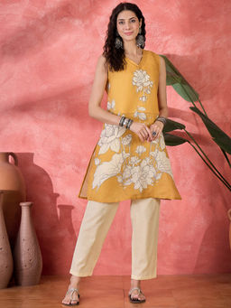 Gahan - Mustard V-Neck Pure Cotton Co-ords Set for Women (Set of 3)