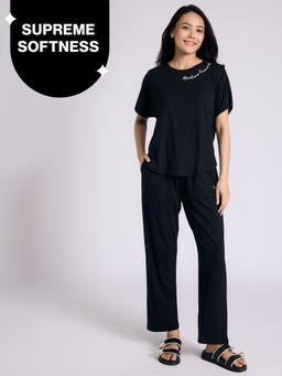 Nykd by Nykaa - Buttery Soft Modal Cotton Pyjama Coord Set of 2 With Round Neck Graphic Tee Nys932 Black Slow