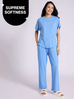 Nykd by Nykaa - Buttery Soft Modal Cotton Pyjama Coord Set of 2 With Round Neck Graphic Tee Nys932 Blue Nautical