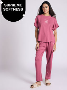 Nykd by Nykaa - Buttery Soft Modal Cotton Pyjama Coord Set of 2 With Round Neck Graphic Tee Nys932 Grape Coffee