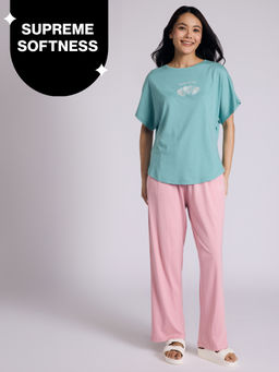 Nykd by Nykaa - Buttery Soft Modal Cotton Pyjama Coord Set of 2 With Round Neck Graphic Tee Nys932 Green Heart