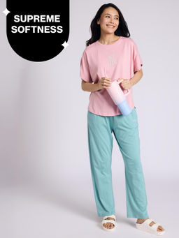 Nykd by Nykaa - Buttery Soft Modal Cotton Pyjama Coord Set of 2 With Round Neck Graphic Tee Nys932 Pink Club