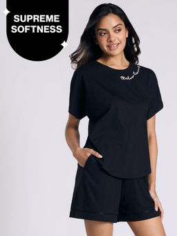 Nykd by Nykaa - Buttery Soft Modal Cotton Shorts Coord Set With Round Neck Graphic Tee Nys940 Black Slow