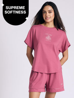 Nykd by Nykaa - Buttery Soft Modal Cotton Shorts Coord Set With Round Neck Graphic Tee Nys940 Grape Coffee