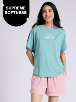 Nykd by Nykaa - Buttery Soft Modal Cotton Shorts Coord Set With Round Neck Graphic Tee Nys940 Green Heart