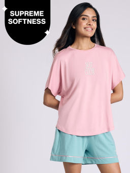 Nykd by Nykaa - Buttery Soft Modal Cotton Shorts Coord Set With Round Neck Graphic Tee Nys940 Pink Club