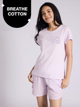 Nykd by Nykaa - Essential Cotton Shorts Coord Set With Crew Neck Cotton Knit Tee Nys942 Lavender Seer