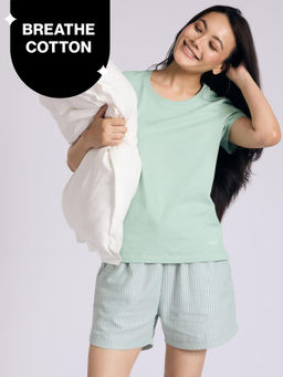 Nykd by Nykaa - Nykd by NykaaEssential Cotton Shorts Coord Set With Crew Neck Cotton Knit Tee Nys942 Green Stripe