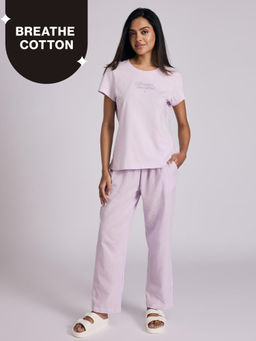 Nykd by Nykaa - Essential Cotton Pyjama Coord Set With Crew Neck Cotton Knit Tee Nys943 Lavender Seer