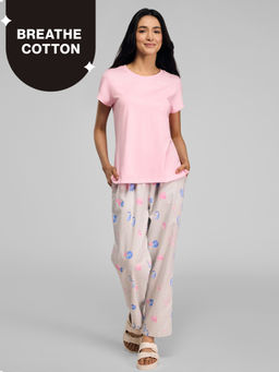 Nykd by Nykaa - Nykd by NykaaEssential Cotton Pyjama Coord Set With Crew Neck Cotton Knit Tee Nys943 Pink Coastal