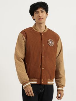 United Colors of Benetton - Brown Regular Fit Stand Collar Colour-Blocked Varsity Jacket