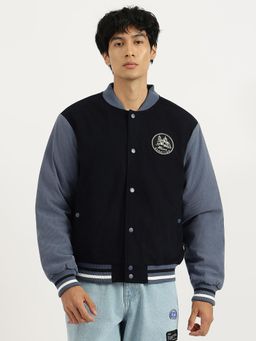 United Colors of Benetton - Navy Blue Regular Fit Stand Collar Colour-Blocked Varsity Jacket