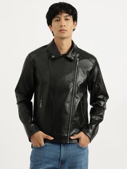 United Colors of Benetton - Black Regular Fit Collared Solid Biker Jacket