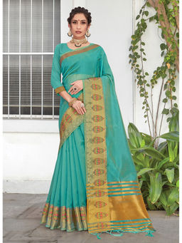 Sangam Prints - Sky Blue Siroski Work Traditional Tassle Saree with Unstitched Blouse
