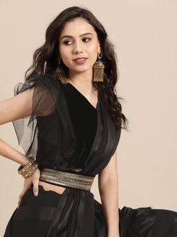 Tikhi Imli - Black Striped Satin Saree with Tassels & Belt with Unstitched Blouse