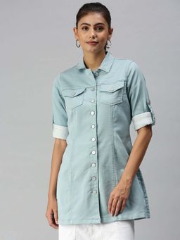 SHOWOFF - Women's Sea Green Solid Denim Jacket