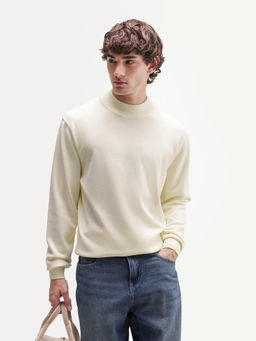 Rare Rabbit - Off White Self Design Viscose Rayon Regular Fit Sweater