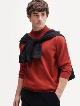 Rare Rabbit - Rust Self Design Viscose Rayon Regular Fit Sweater