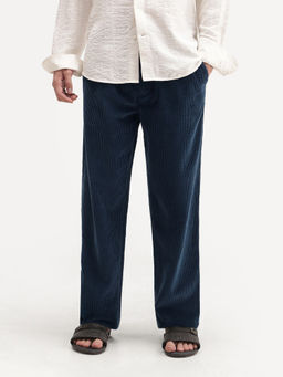 Rare Rabbit - Navy Blue Solid Cotton Regular Fit Trouser