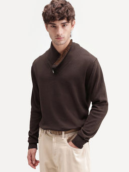 Rare Rabbit - Brown Self Design Cotton Regular Fit Sweater