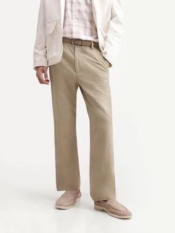 Rare Rabbit - Khaki Solid Linen Blend Regular Fit Trouser