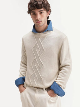 Rare Rabbit - Beige Self Design Acrylic Regular Fit Sweater