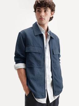 Rare Rabbit - Blue Solid Linen Blend Relaxed Fit Shacket