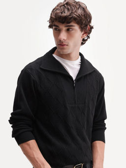 Rare Rabbit - Black Self Design Cotton Regular Fit Sweater