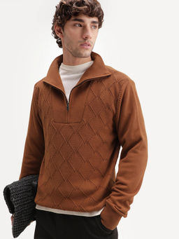 Rare Rabbit - Rust Self Design Cotton Regular Fit Sweater