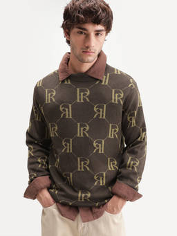 Rare Rabbit - Brown Self Design Polycotton Regular Fit Sweater