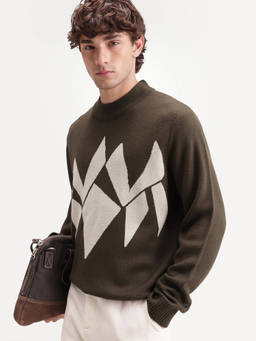 Rare Rabbit - Olive Self Design Acrylic Regular Fit Sweater