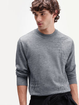 Rare Rabbit - Grey Self Design Viscose Rayon Regular Fit Sweater