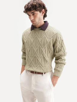 Rare Rabbit - Olive Self Design Acrylic Regular Fit Sweater