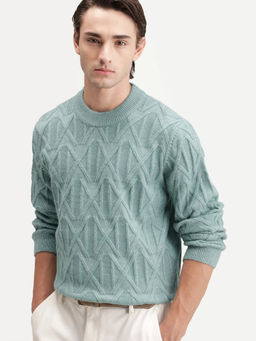 Rare Rabbit - Teal Self Design Acrylic Regular Fit Sweater