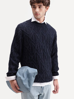 Rare Rabbit - Navy Blue Self Design Acrylic Regular Fit Sweater