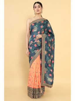 Soch - Women Blue Silk Floral Saree with Unstitched Blouse