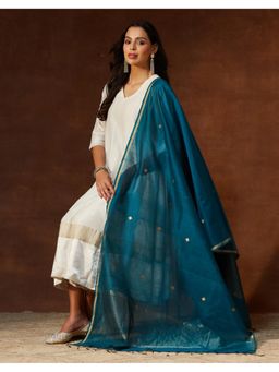 Fabindia - Teal Cotton Silk Blend Chanderi Dupatta