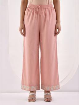 ARAMYA - Peach Slub Cotton Solid Palazzo