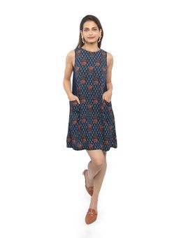 ZLAATA - Navy Blue Round Neck A-Line Mini Dress
