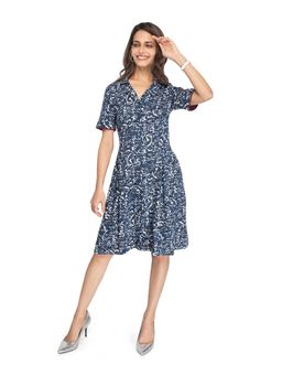ZLAATA - Blue Print Fit and Flare Knee Length Dress