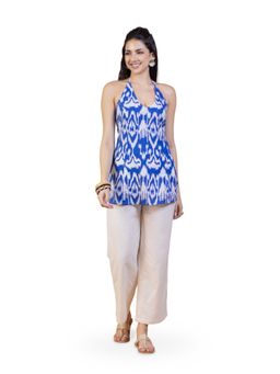 ZLAATA - Blue Ikat Cotton Halter Neck Kurti