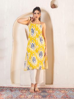 ZLAATA - Yellow Ikat Square Neck Long Straight Kurta