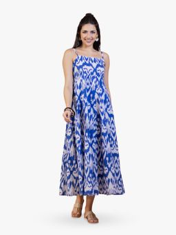 ZLAATA - Blue Ikat Cotton Fit and Flare Maxi Dress
