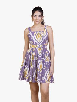 ZLAATA - Purple Ikat Cotton Waist-Cut Mini Dress