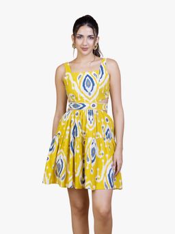 ZLAATA - Yellow Ikat Cotton Waist-Cut Mini Dress